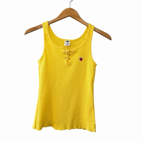 VTG Y2K Old Navy Womens Embroidered Strawberry Ribbed Lace Up Tank Size M Yellow - Picture 2 of 13
